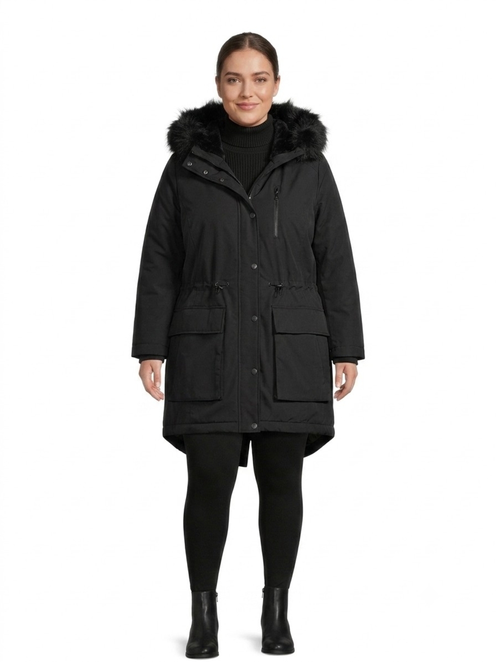 Time and Tru Black Faux-Fur Trim Hooded Parka